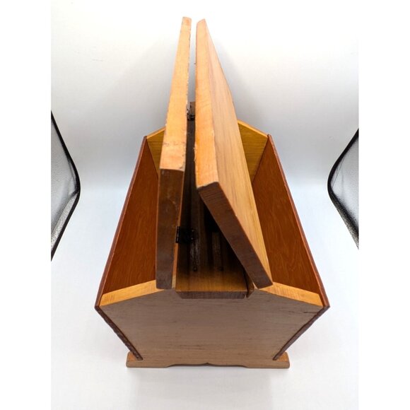 Vtg Portable Wooden Sewing Yarn Craft Box Two Flip Hinged Doors Handle 12" - Picture 7 of 11